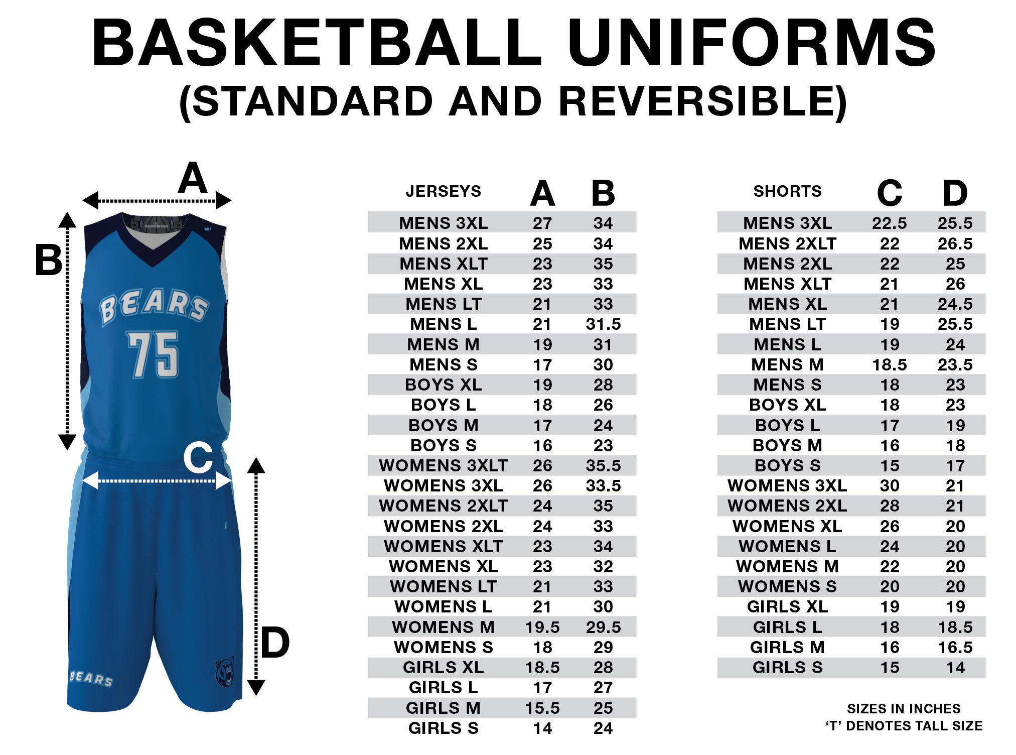 Basketball Uniform Size Charts, For Custom Basketball Jerseys & Shorts