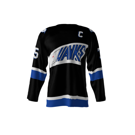 Front view of a custom dye sublimated Hawks hockey jersey