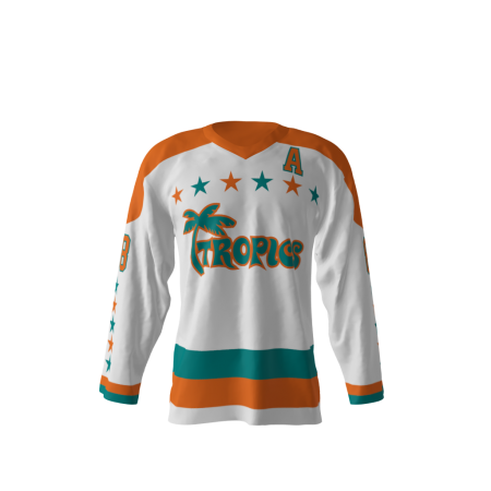 Front view of a custom dye sublimated Tropics hockey jersey