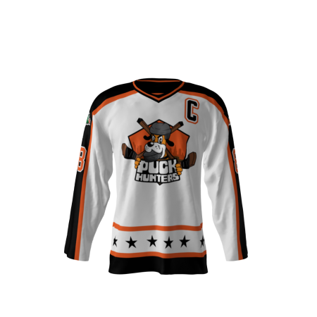 Puck Hunters White Hockey Jersey Front