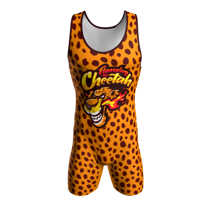 Front view of a custom dye sublimated Flaming Hot Cheetah wrestling singlet