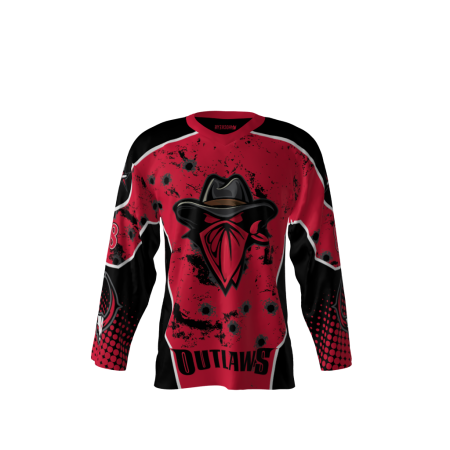 Front view of Red Outlaws Dye Sublimated Hockey Jersey
