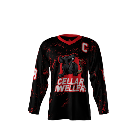 Front view of a custom dye sublimated Cellar Dwellers hockey jersey