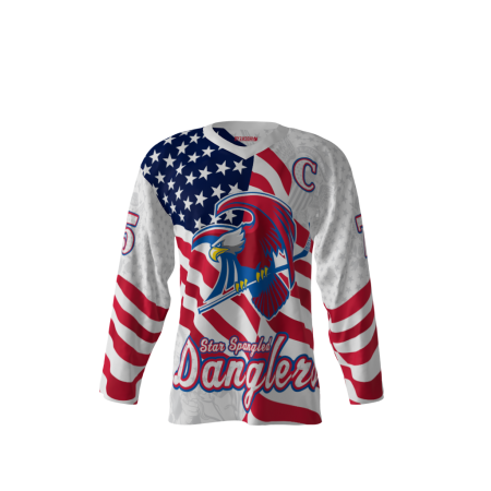 Front view of a custom dye sublimated Star Spangled Danglers hockey jersey