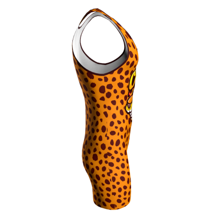Right view of a custom dye sublimated Flaming Hot Cheetah wrestling singlet
