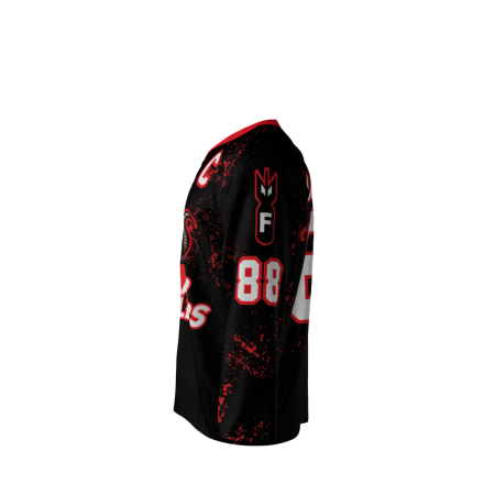 Left view of a custom dye sublimated Cellar Dwellers hockey jersey