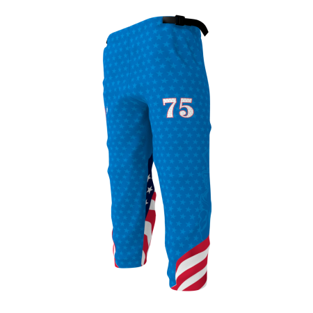 Angled view of a custom dye sublimated Star Spangled Danglers roller hockey pants