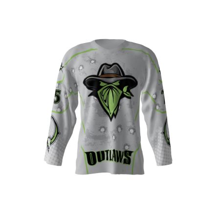 Front view of Gray Outlaws Dye Sublimated Hockey Jersey