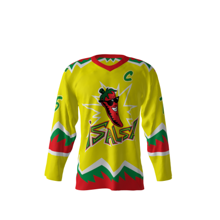 Front view of a custom dye sublimated Salsa hockey jersey
