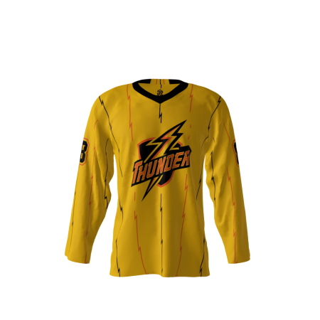 Front view of a custom dye sublimated Thunder hockey jersey