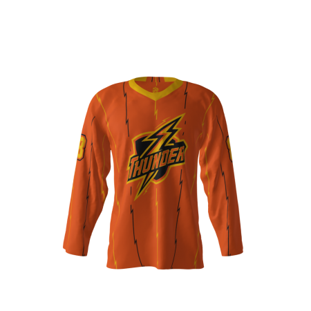 Front view of a custom dye sublimated Thunder hockey jersey