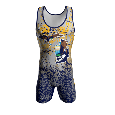 Front view of a custom dye sublimated wrestling singlet