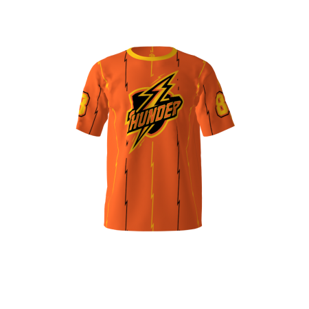 Front view of a custom dye sublimated Thunder Orange softball jersey