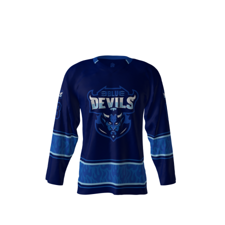 Front view of a custom dye sublimated Blue Devils hockey jersey