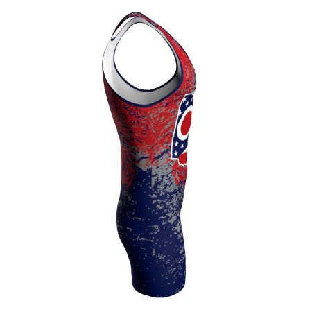 Right view of a custom dye sublimated wrestling singlet