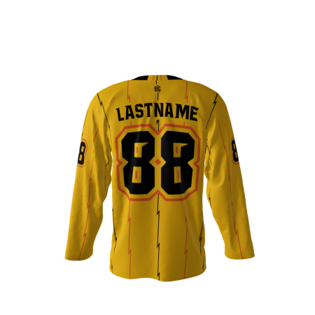 Back view of a custom dye sublimated Thunder hockey jersey