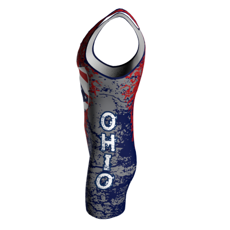 Left view of a custom dye sublimated wrestling singlet