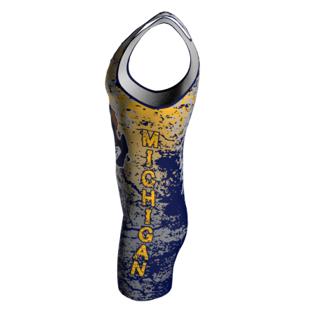 Left view of a custom dye sublimated wrestling singlet
