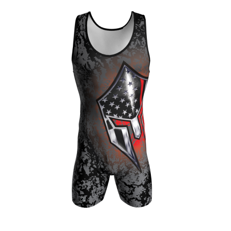 Front view of a custom dye sublimated Spartans wrestling singlet