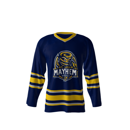 Front view of a custom dye sublimated St Louis Mayhem hockey jersey