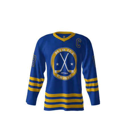 Front view of a custom dye sublimated Mid Ice Crisis Blue hockey jersey