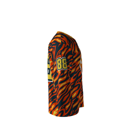 Right side view of a custom dye sublimated Raging Roosters hockey jersey