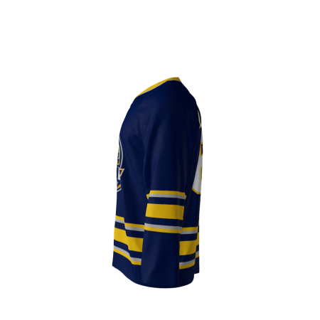 Left side view of a custom dye sublimated St Louis Mayhem hockey jersey