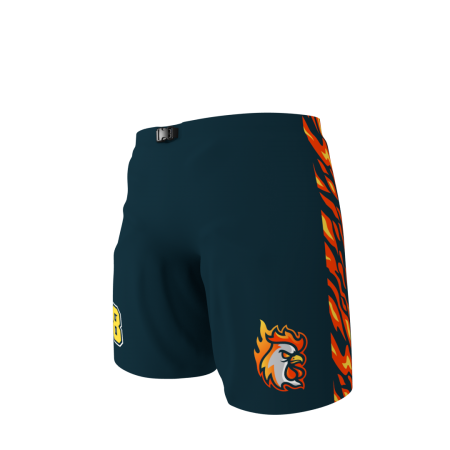 Angled view of a custom dye sublimated Raging Roosters Ice Hockey Pant Shell