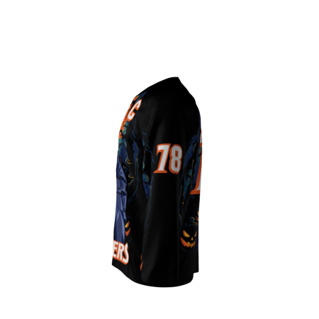 Left view of a custom dye sublimated Slashers hockey jersey