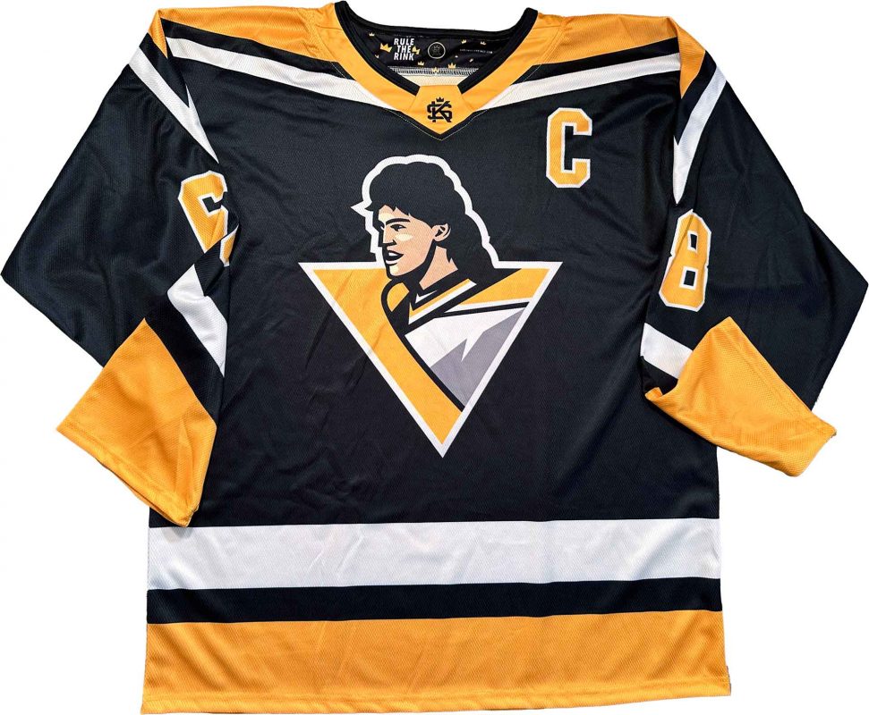 Front view of a black 'Jagr Bombs' dye sublimated pro-style custom hockey jersey