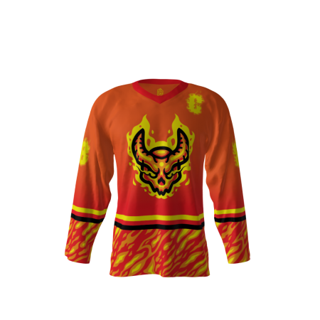 Front view of a custom dye sublimated Demons hockey jersey