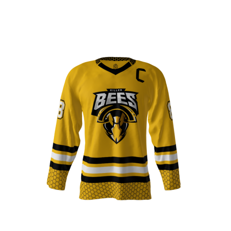 Front view of a custom dye sublimated Killer Bees hockey jersey