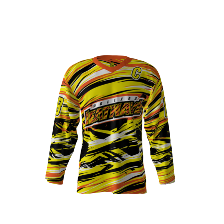 Front view of a custom dye sublimated Rolling Heatwave hockey jersey