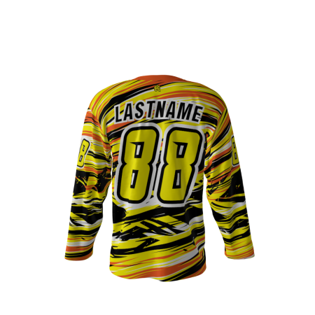 Back view of a custom dye sublimated Rolling Heatwave hockey jersey