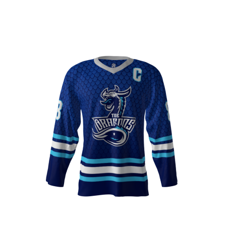 Front view of a custom dye sublimated Toe Dragons hockey jersey