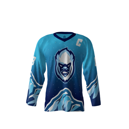 Front view of a custom dye sublimated Yetis Snow hockey jersey