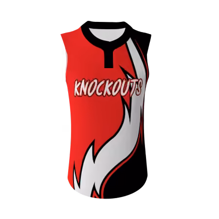 Knockouts women's 2-button fastpitch softball jersey in red with silver flame graphics