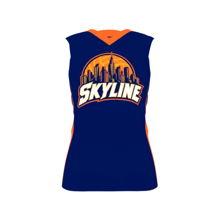 Skyline Women's Volleyball Jersey in navy blue and orange with city skyline design