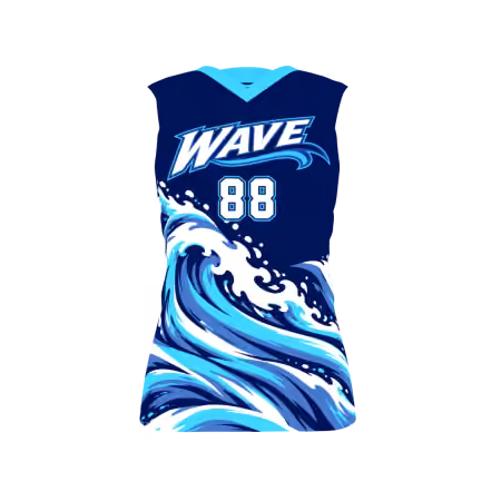 Wave Women's Volleyball Jersey with navy blue, cyan and white ocean wave graphics