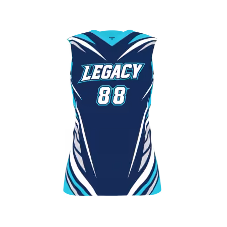Legacy Women's Volleyball Jersey in navy blue, teal, white and silver with sweeping athletic graphics