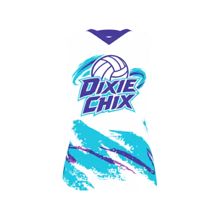Dixie Chix Women's Volleyball Jersey in white, turquoise and purple with paint-splatter graphics