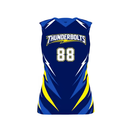 Thunderbolts Women's Volleyball Jersey in navy blue, royal blue and yellow with lightning graphics