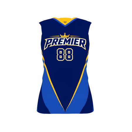 Premier Women's Volleyball Jersey featuring a navy blue base, royal blue side panels, gold accents, and customizable team name and numbers