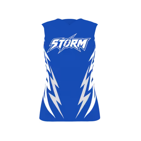 Storm Women's Volleyball Jersey featuring royal blue with white and silver lightning graphics and customizable team logo and numbers