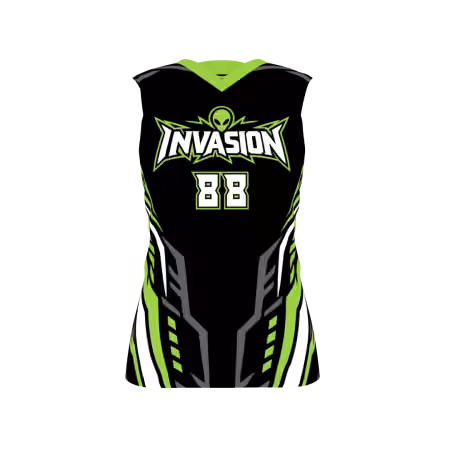 Invasion Women's Volleyball Jersey featuring a black base, neon green alien-inspired graphics, and customizable team logo and numbers