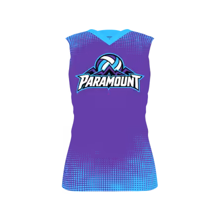 Paramount Women's Volleyball Jersey featuring a purple base, bright cyan halftone graphics, mountain-inspired logo, and customizable team numbers