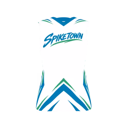 Spiketown Women's Volleyball Jersey featuring a white base, blue and green chevron graphics, and customizable team logo and numbers