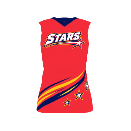 Stars Women's Volleyball Jersey featuring a vibrant red base, navy and gold diagonal graphics, white star accents, and customizable team logo and numbers