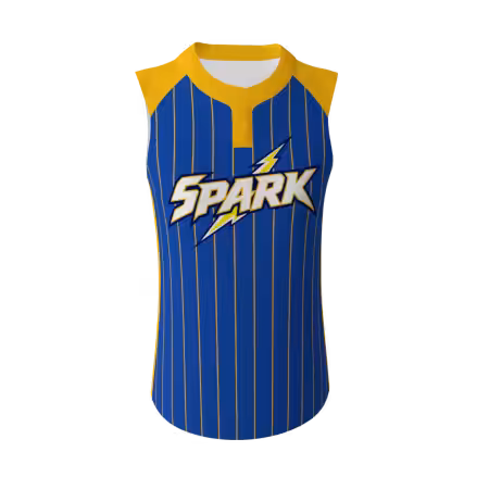 Spark Blue women's 2-button fastpitch softball jersey in royal blue and gold pinstripes