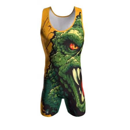 Lizzy wrestling singlet with retro arcade monster-inspired graphics